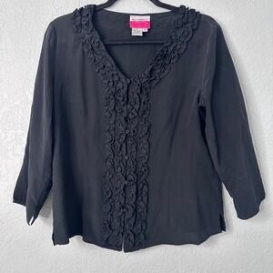 Sully Bonnelly Black Silk Ruffle V Neck 3/4 Sleeve Top Women's Size 10